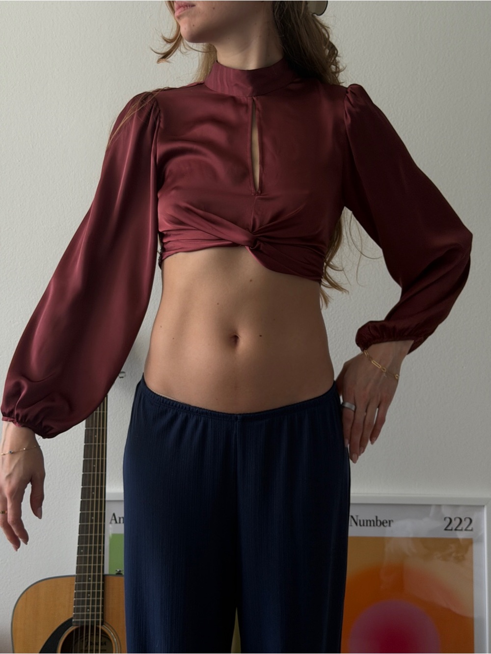 Satin Twist-Front Crop Top in Deep Wine